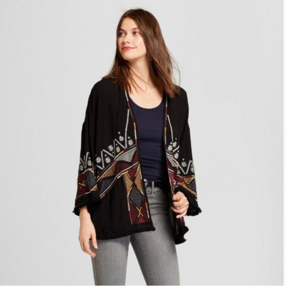 Knox Rose Embroidered Fringe Kimono Jacket Size L Boho Hippie Festival‎